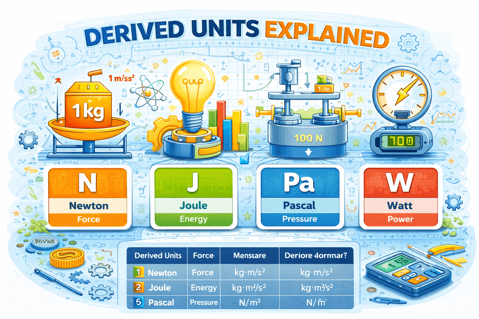 Illustration explaining derived units in the SI system showing Newton for force, Joule for energy, Pascal for pressure, and Watt for power with unit formulas and engineering visuals.