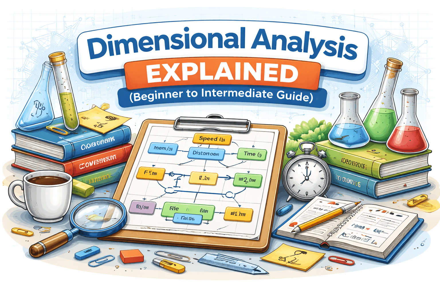 Illustration explaining dimensional analysis with unit conversion flowchart, formulas, and scientific tools like flasks, stopwatch, books, and calculator.