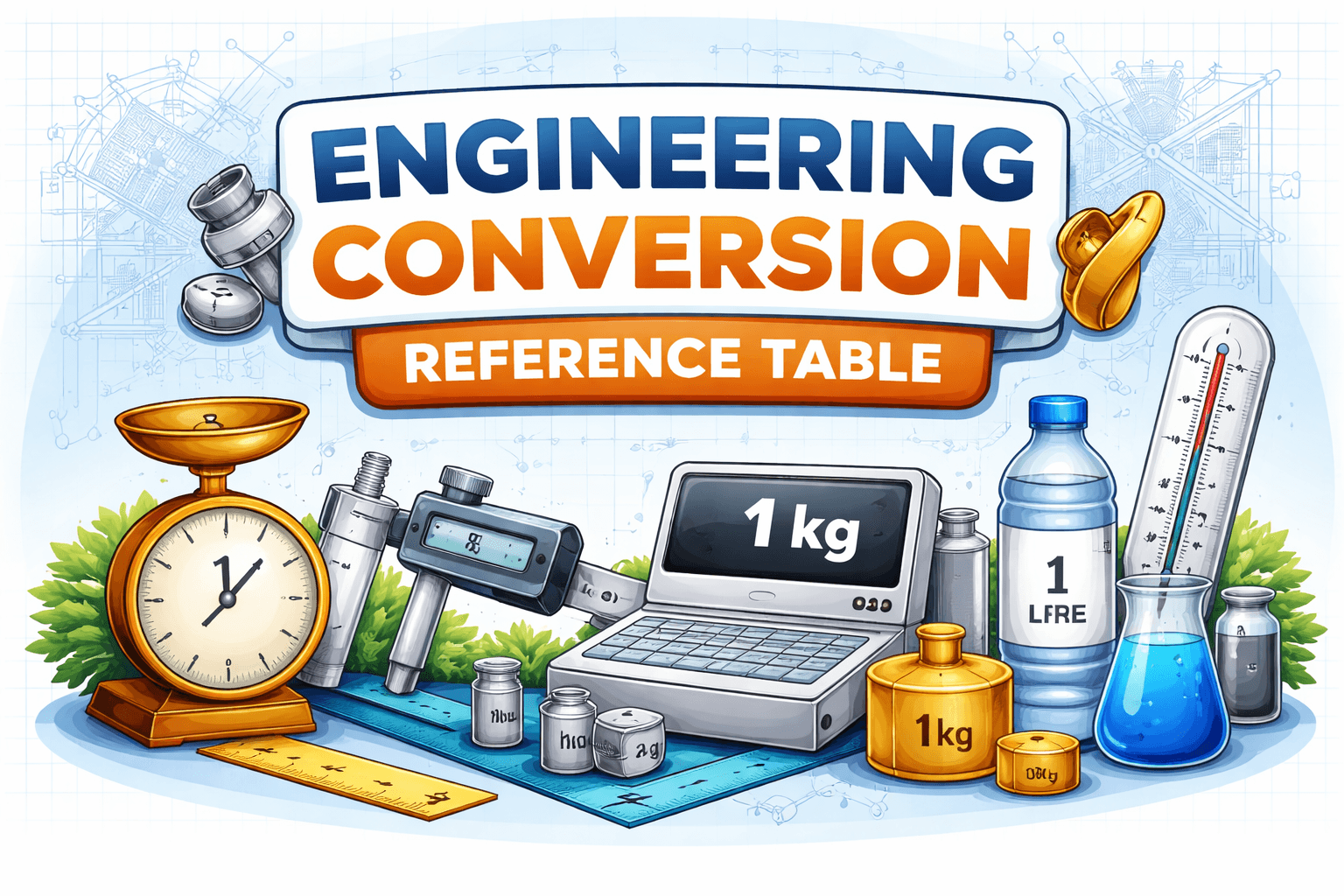 Engineering conversion reference table illustration showing metric and imperial units including kg, litre, gallon, mph, rulers, and weighing scale.