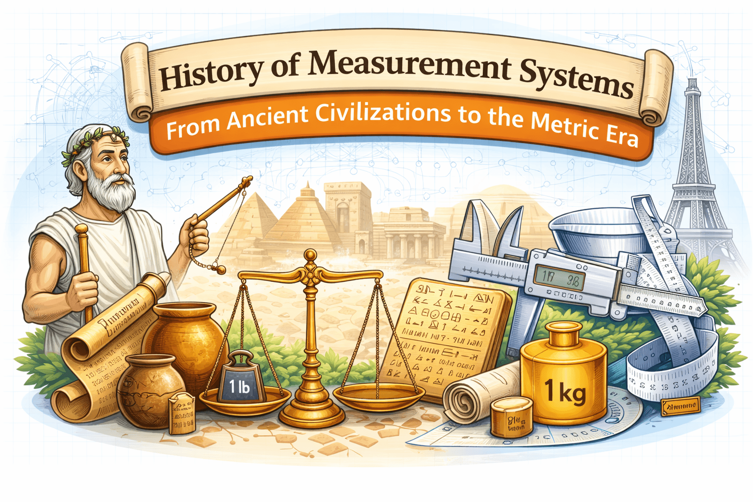 Illustration showing the history of measurement systems from ancient civilizations to the modern metric era, featuring Egyptian pyramids, a balance scale, ancient scrolls, calipers, and a 1 kg standard weight.