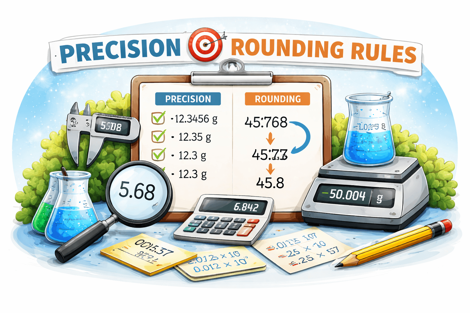 Educational illustration explaining precision and rounding rules with measurement tools, calculator, decimal numbers, and rounding examples on a blue background.