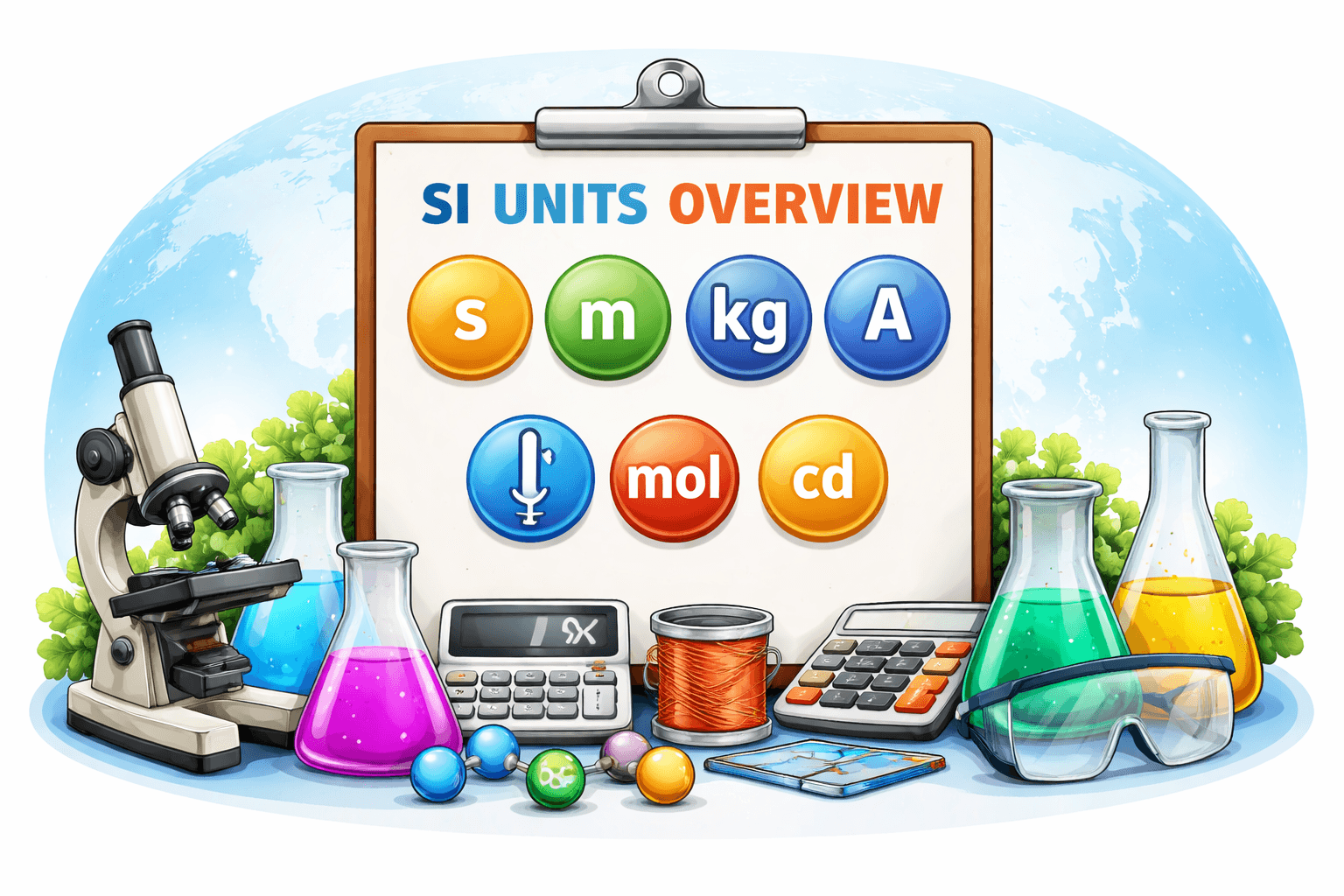 Educational illustration showing the seven SI base units including meter (m), kilogram (kg), second (s), ampere (A), kelvin (K), mole (mol), and candela (cd) on a blue scientific background.