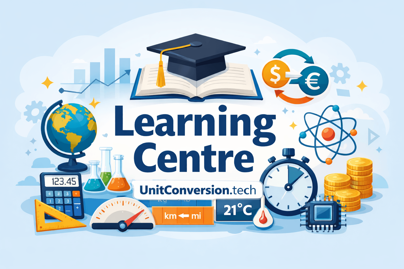 Illustration of UnitConversion.tech Learning Centre featuring educational symbols, unit conversion tools, and scientific icons for measurement and learning.