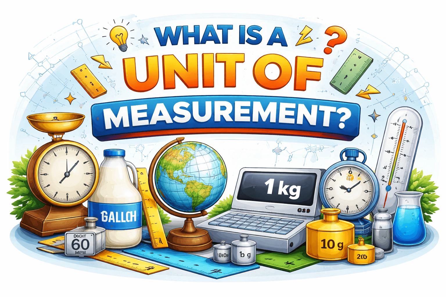 Colorful illustration explaining what a unit of measurement is with scales, ruler, thermometer, globe, and weight units like kg and g.