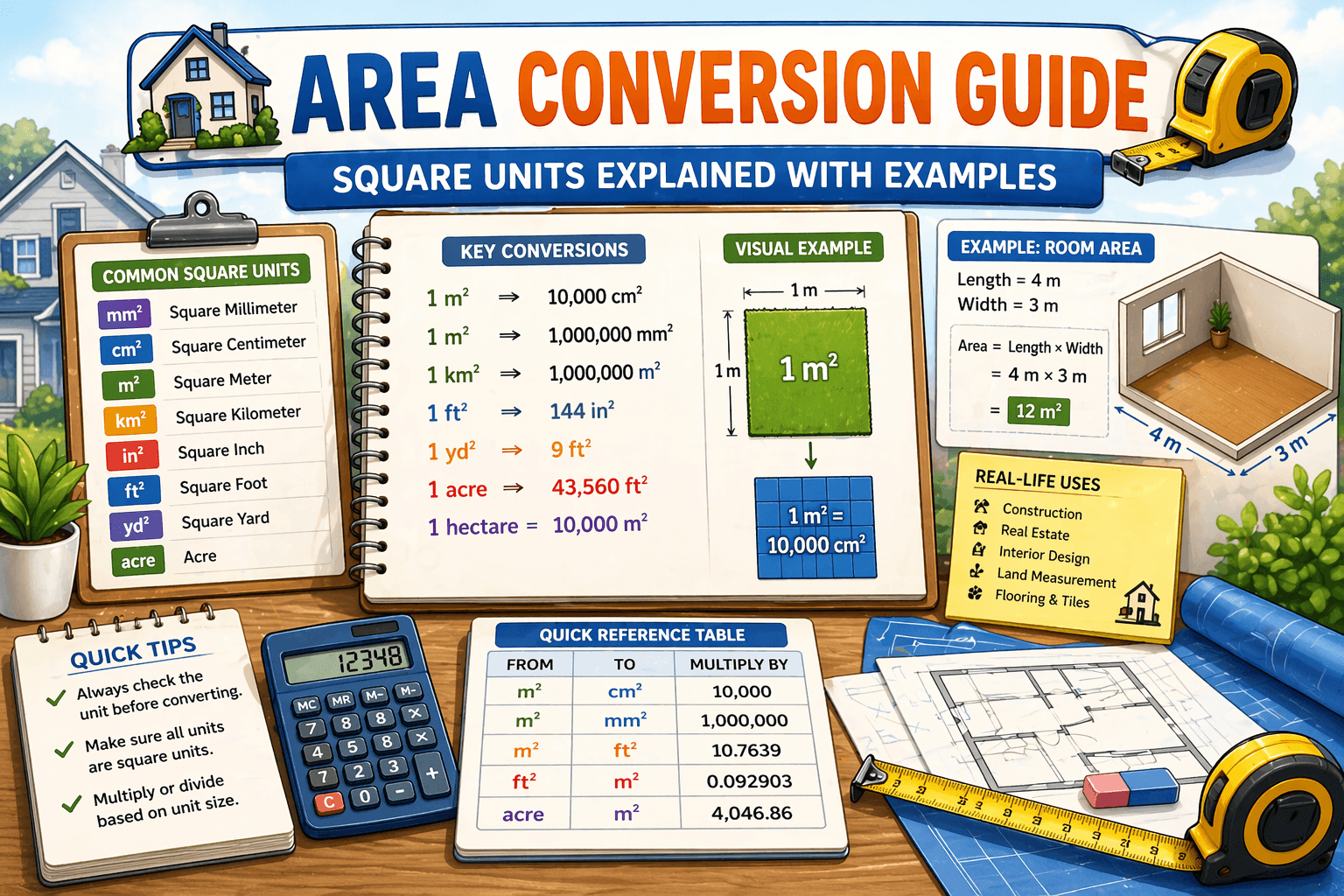 Illustration showing area conversion guide with square units like m², cm², ft², acre, conversion formulas, and real-life room area example