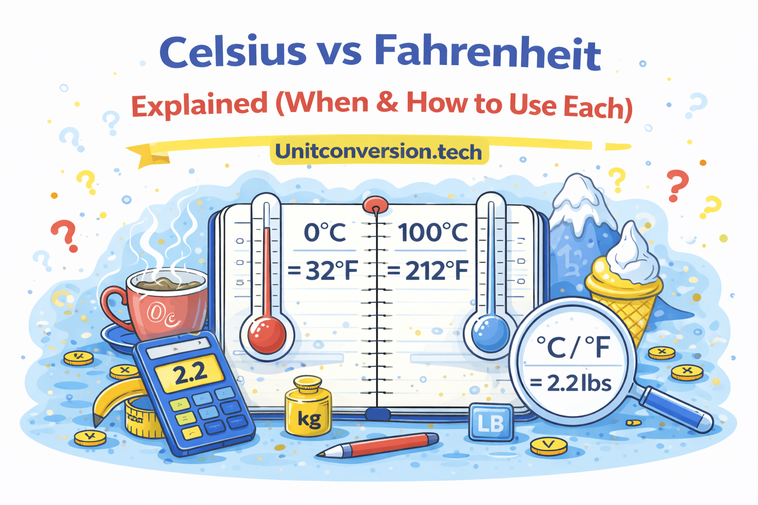 Illustration showing Celsius vs Fahrenheit conversion with thermometers and formulas 0°C = 32°F and 100°C = 212°F