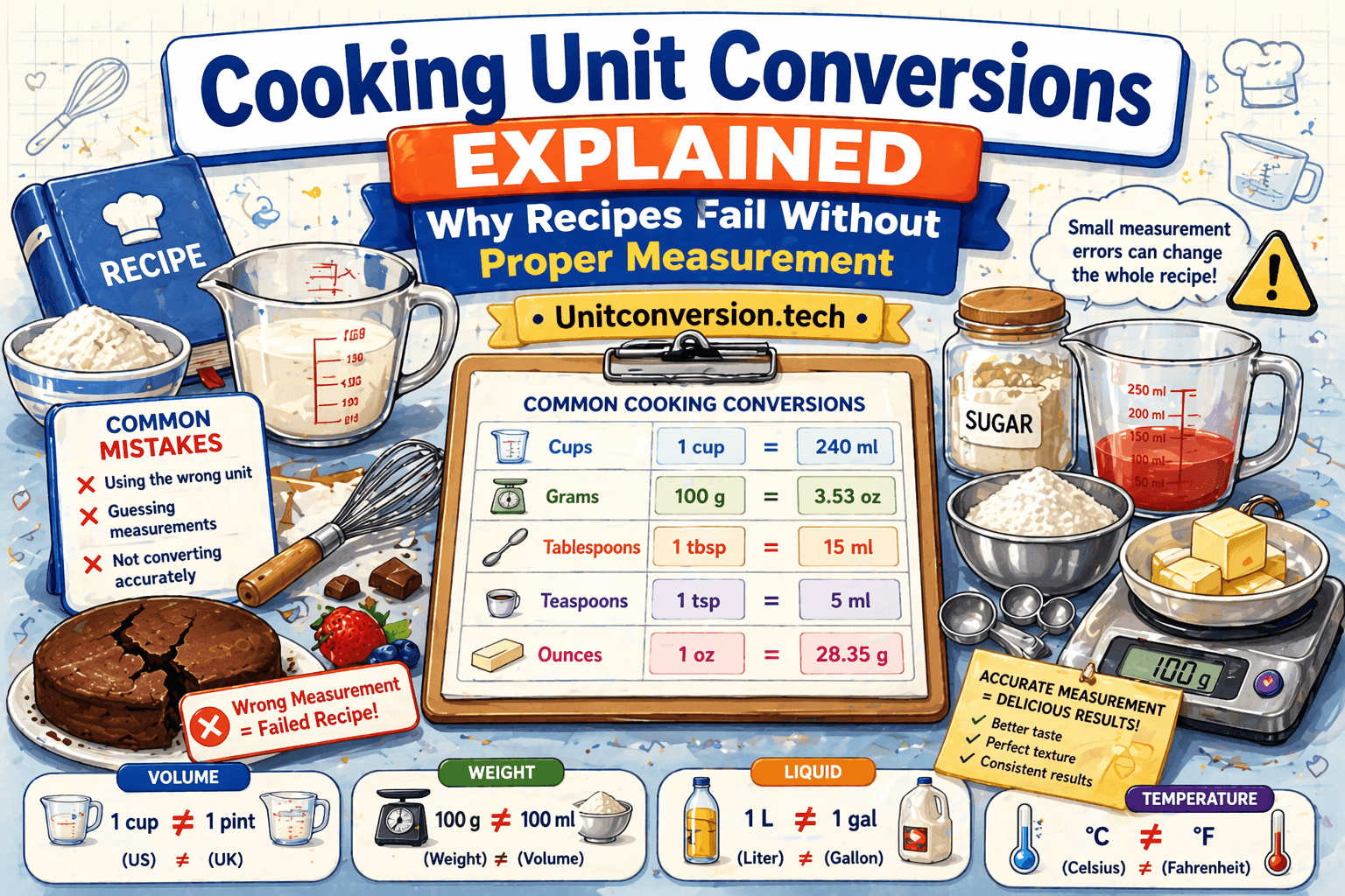 Illustration showing cooking unit conversions with cups, grams, milliliters, and ounces, highlighting how wrong measurements can ruin recipes.