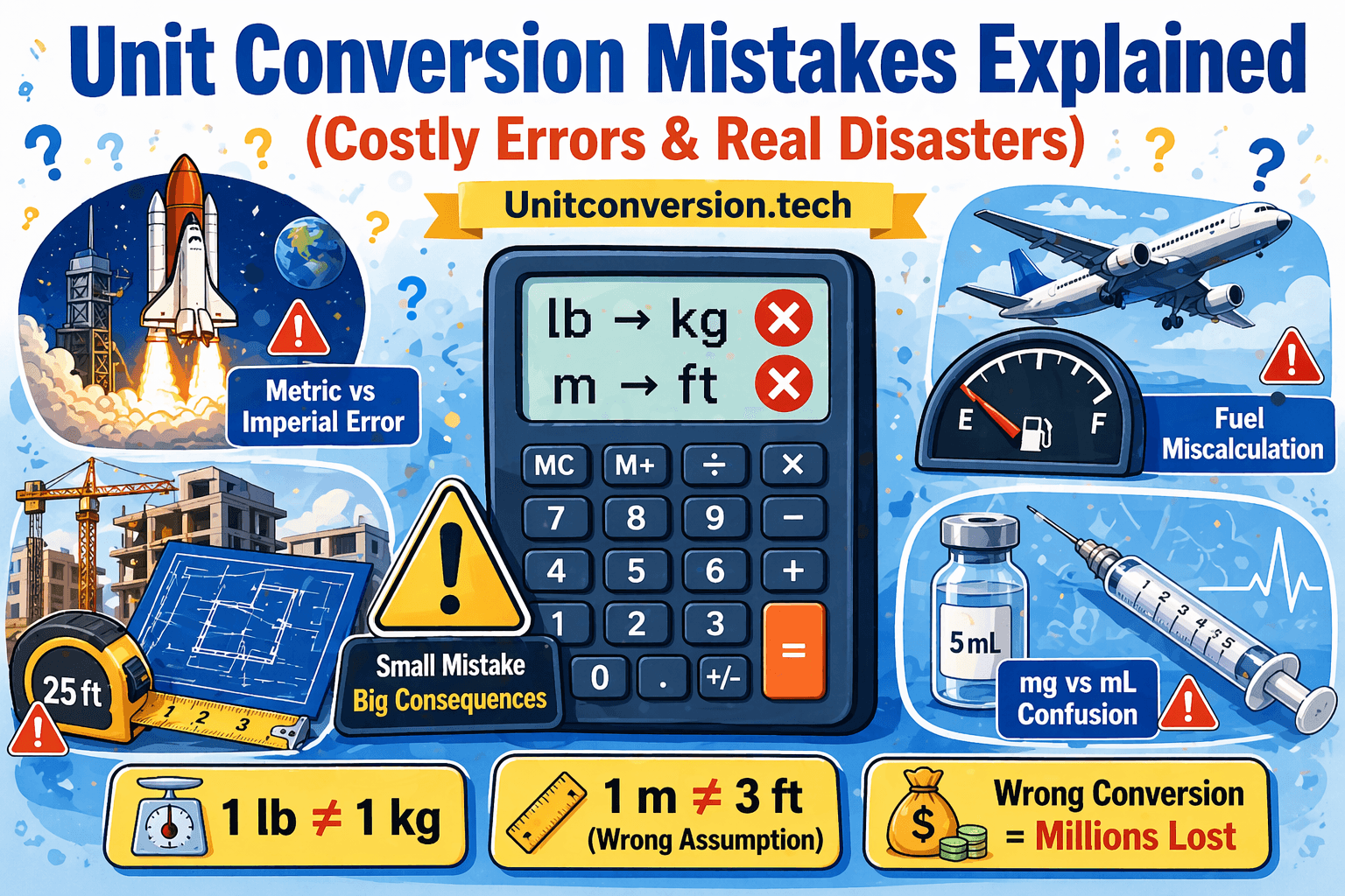 Illustration showing famous unit conversion mistakes in engineering, aviation, and construction leading to costly errors