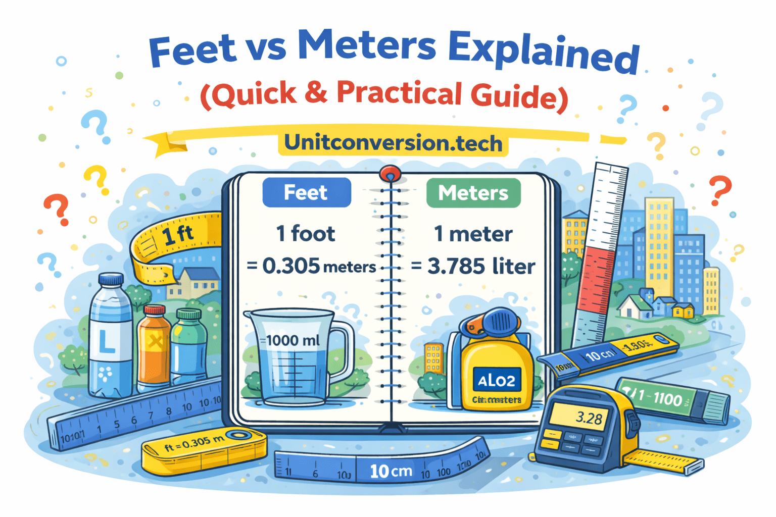 Feet vs meters explained infographic showing 1 foot equals 0.305 meters and 1 meter equals 3.28 feet with measuring tools and real-life examples