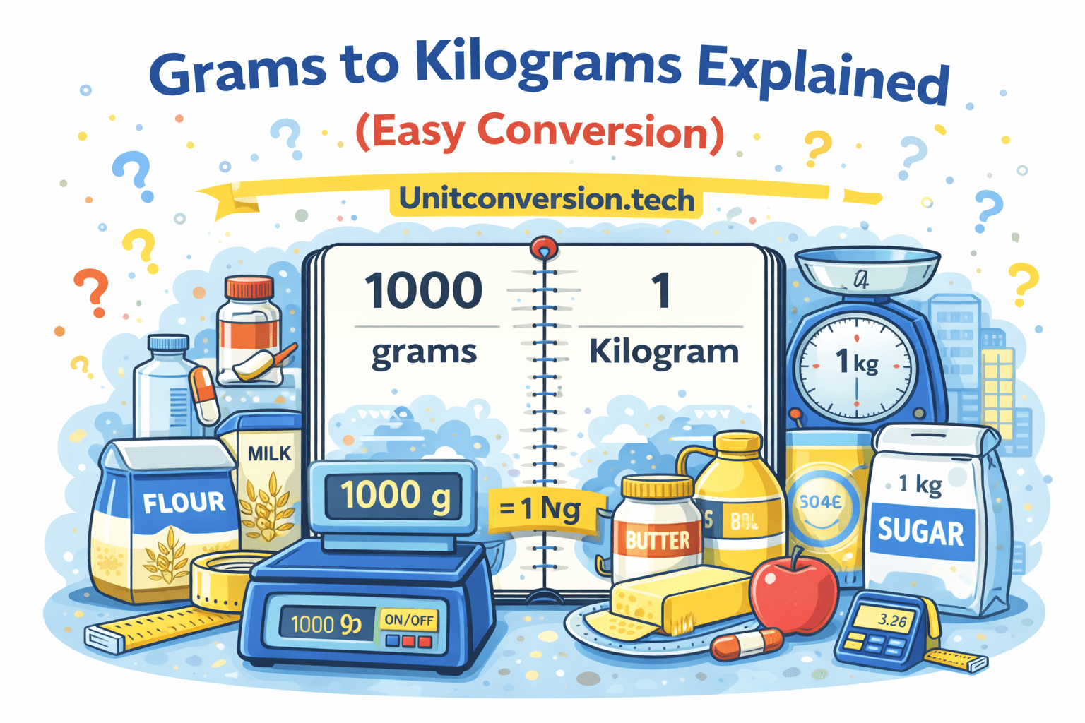 Grams to kilograms explained infographic showing 1000 grams equals 1 kilogram with weighing scale and everyday examples