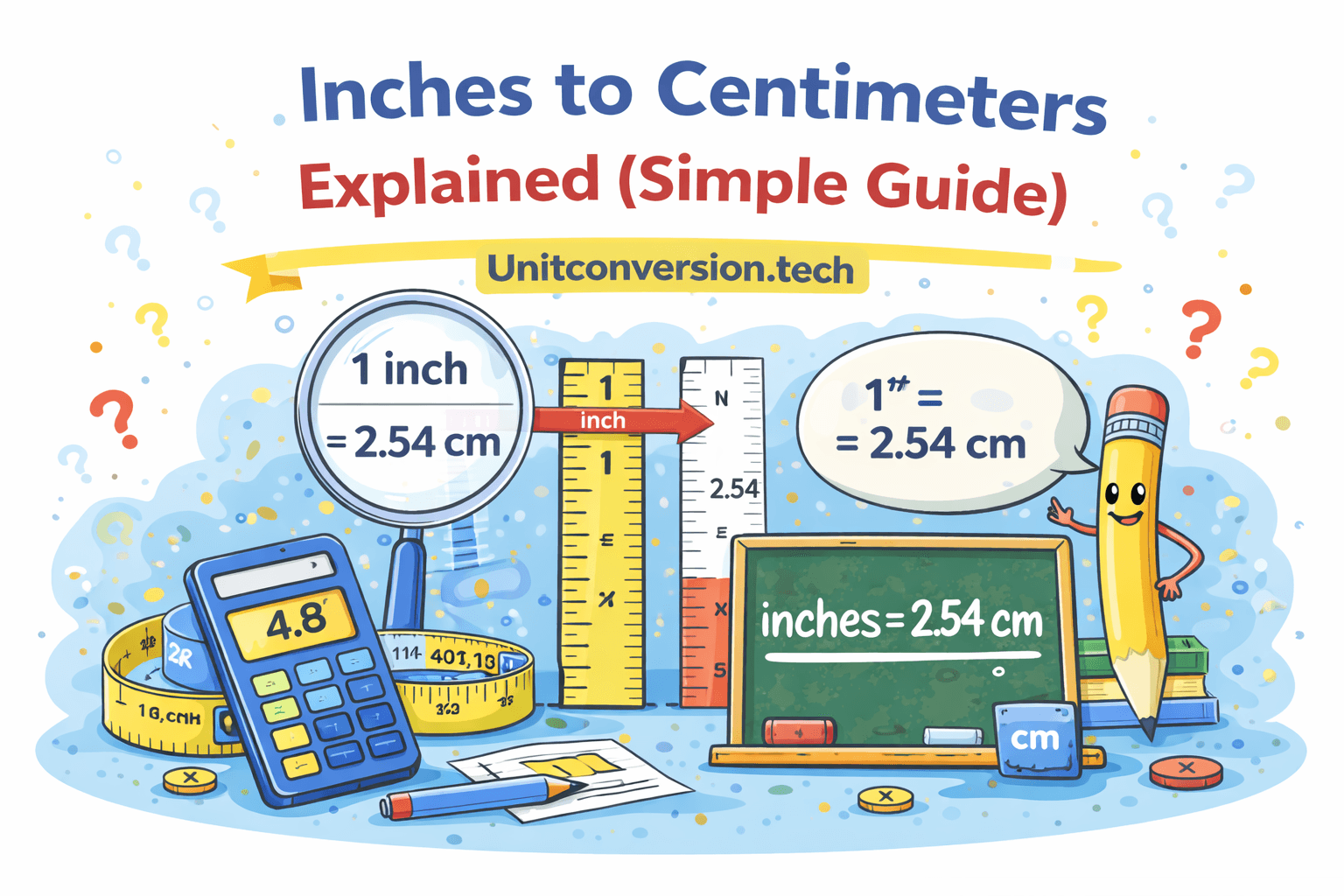 Illustration showing inches to centimeters conversion with formula 1 inch = 2.54 cm using rulers, calculator, and measurement tools