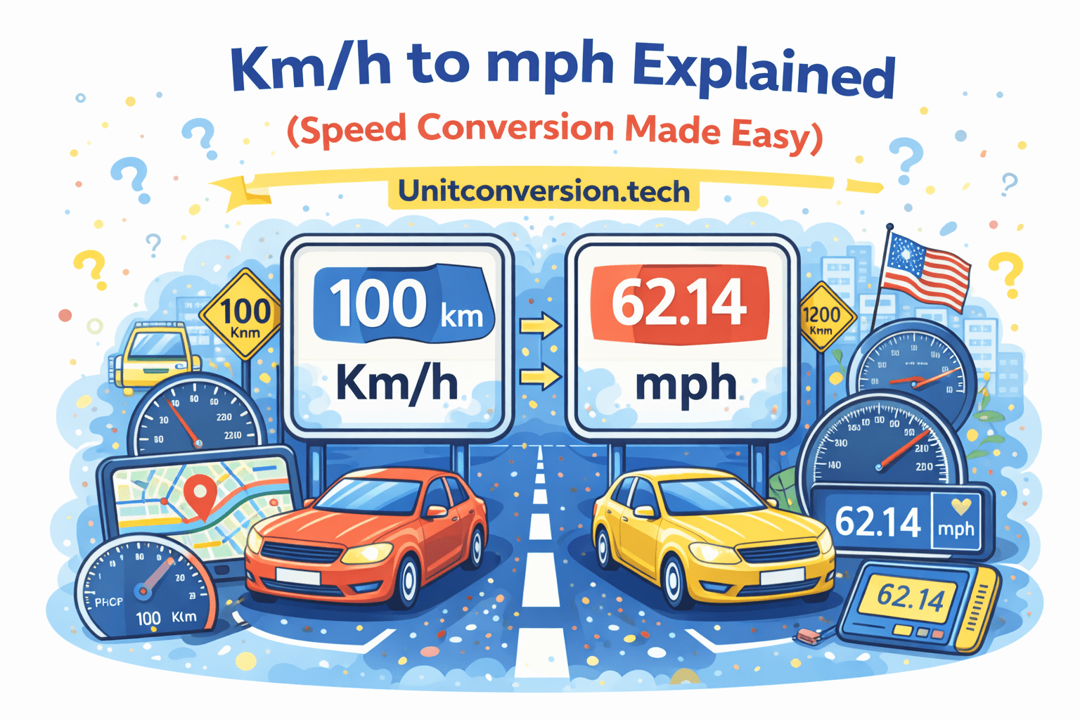 Illustration showing km/h to mph conversion with cars, speedometers, and road signs displaying 100 km/h equals 62.14 mph