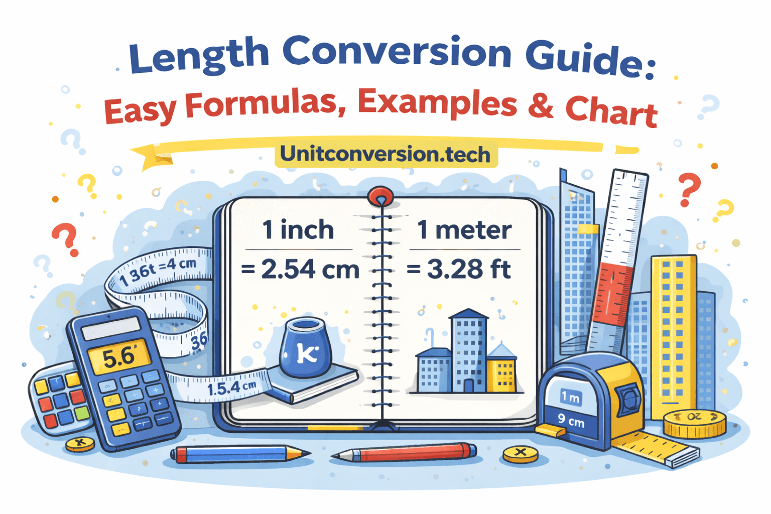 Length conversion guide showing 1 inch to 2.54 cm and 1 meter to 3.28 ft with measurement tools illustration.