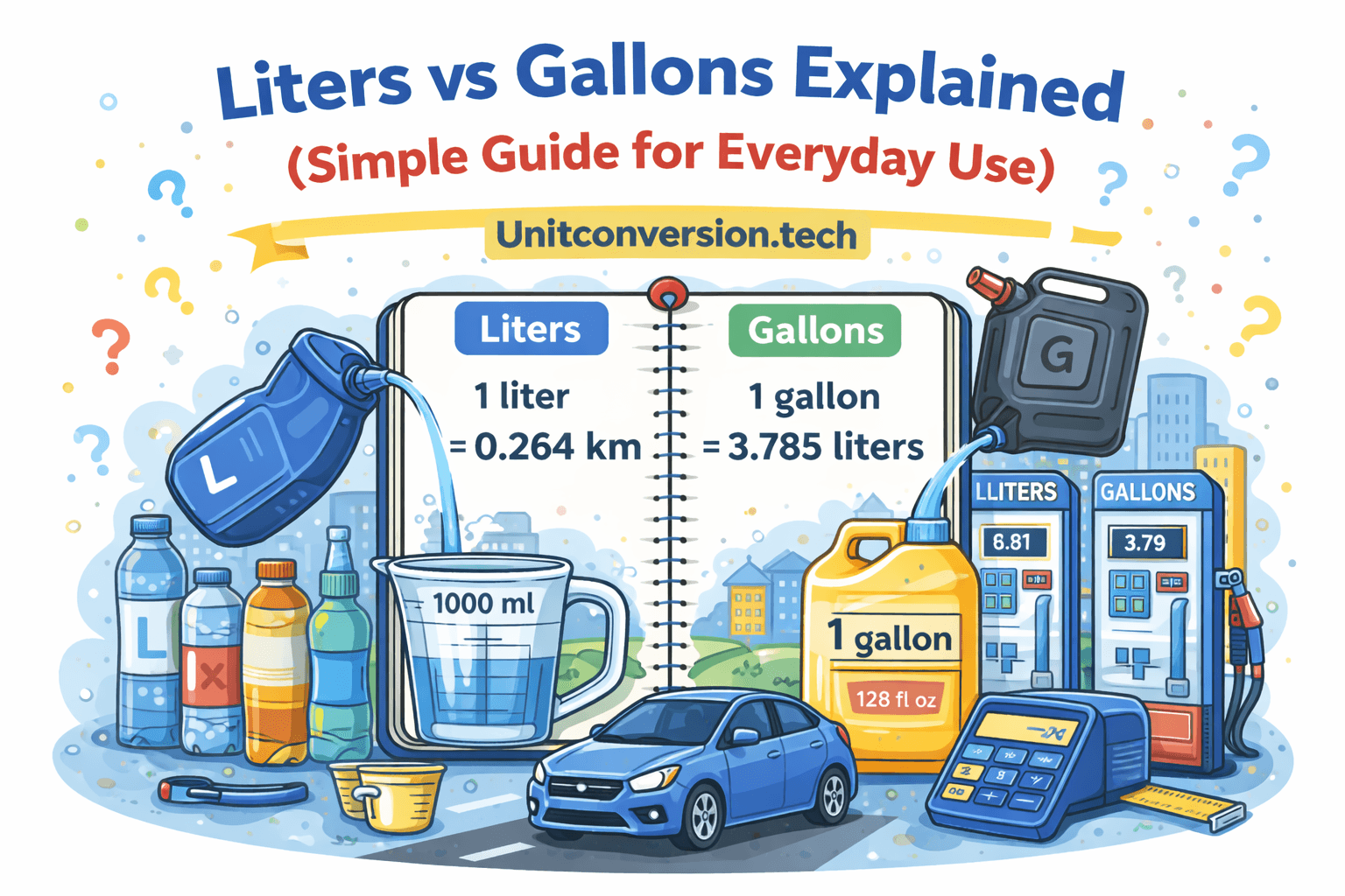 Liters vs gallons explained infographic showing 1 liter equals 0.264 gallons and 1 gallon equals 3.785 liters with everyday examples like fuel and liquids