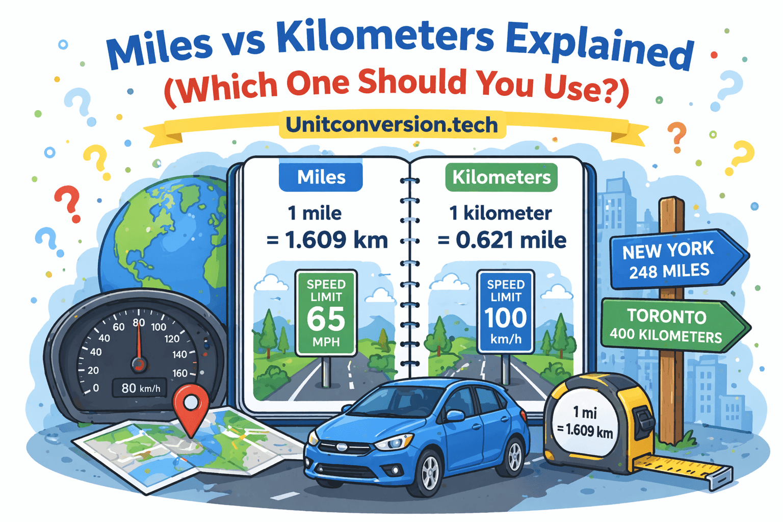 Miles vs kilometers explained infographic showing 1 mile equals 1.609 kilometers and 1 kilometer equals 0.621 miles with road and speed examples.