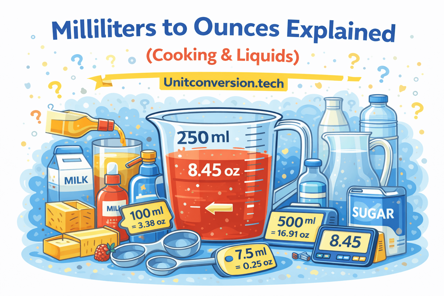 Illustration showing milliliters to ounces conversion with measuring cups, kitchen ingredients, and liquid containers displaying ml to oz values