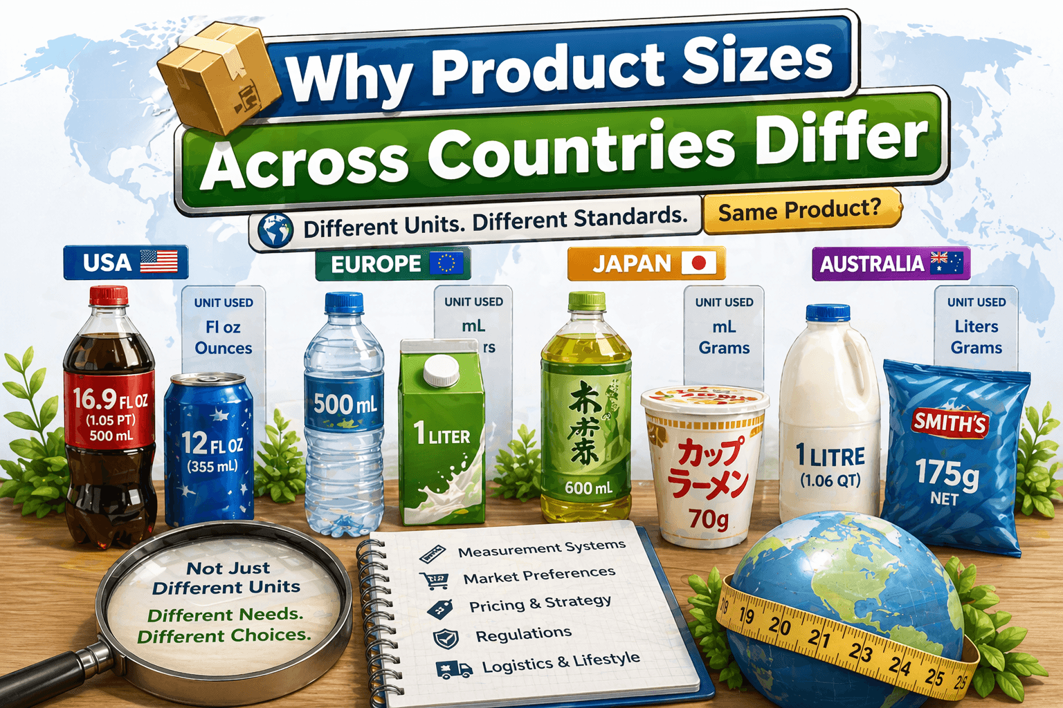 Illustration showing different product sizes across countries with packages labeled in grams, ounces, liters, and gallons to explain global measurement differences