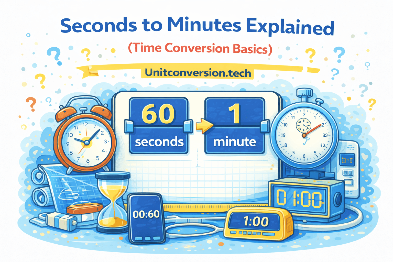 Illustration showing seconds to minutes conversion with clock, stopwatch, and timer displaying 60 seconds equals 1 minute