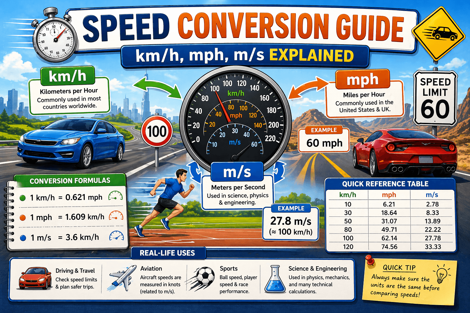Infographic showing speed conversion between km/h, mph, and m/s with formulas, speedometer, and real-life examples