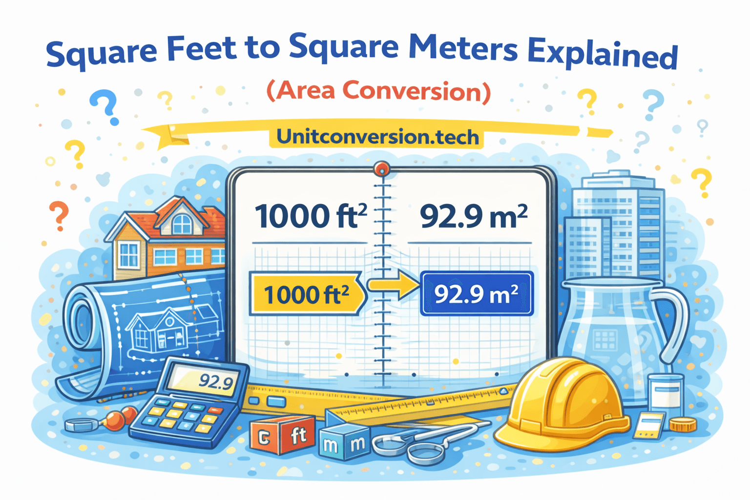 Illustration showing square feet to square meters conversion with house plans, blueprint, and measurement tools displaying 1000 sq ft equals 92.9 sq meters