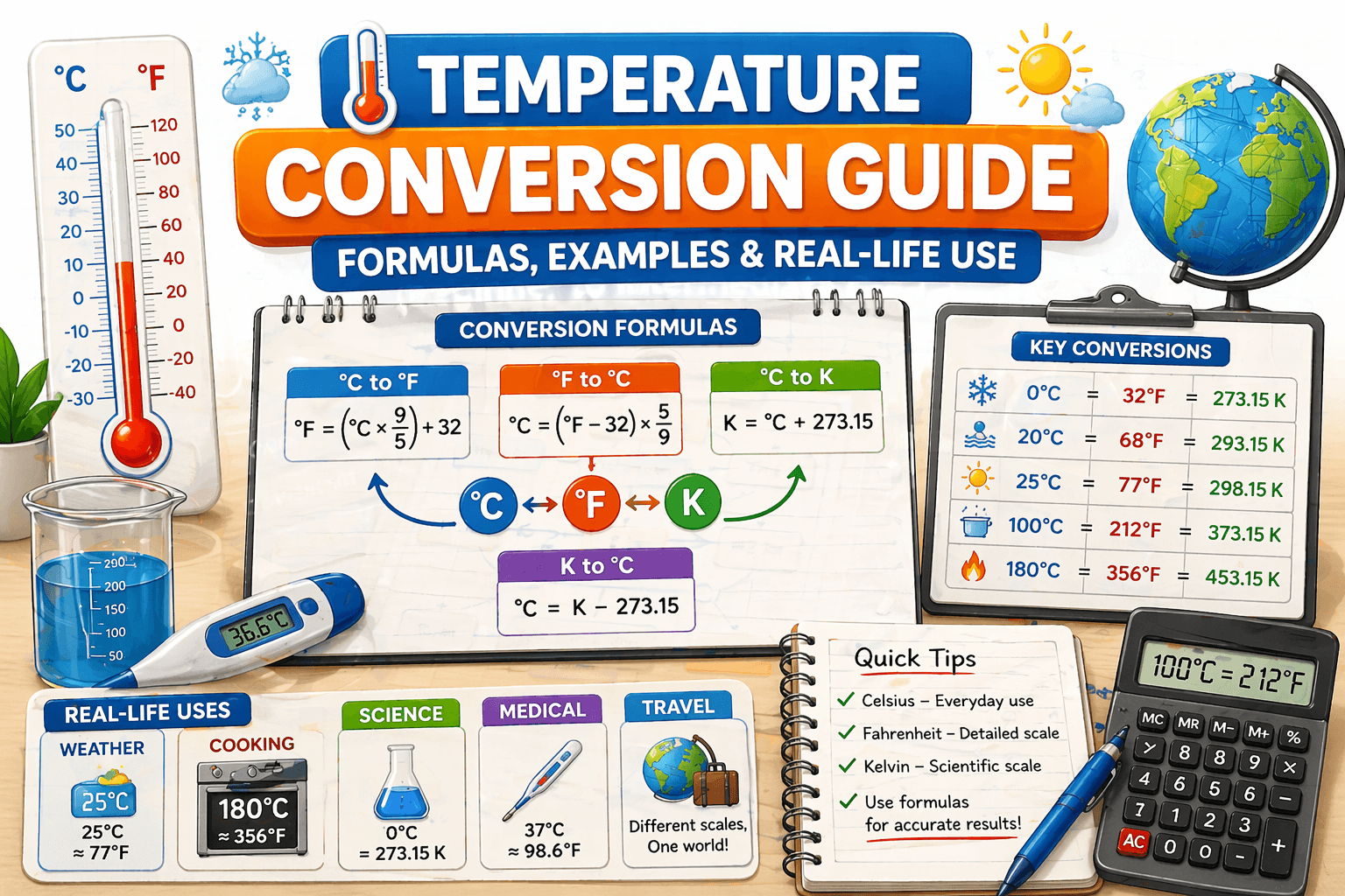 Illustration showing temperature conversion between Celsius, Fahrenheit, and Kelvin with formulas, thermometer, and real-life examples