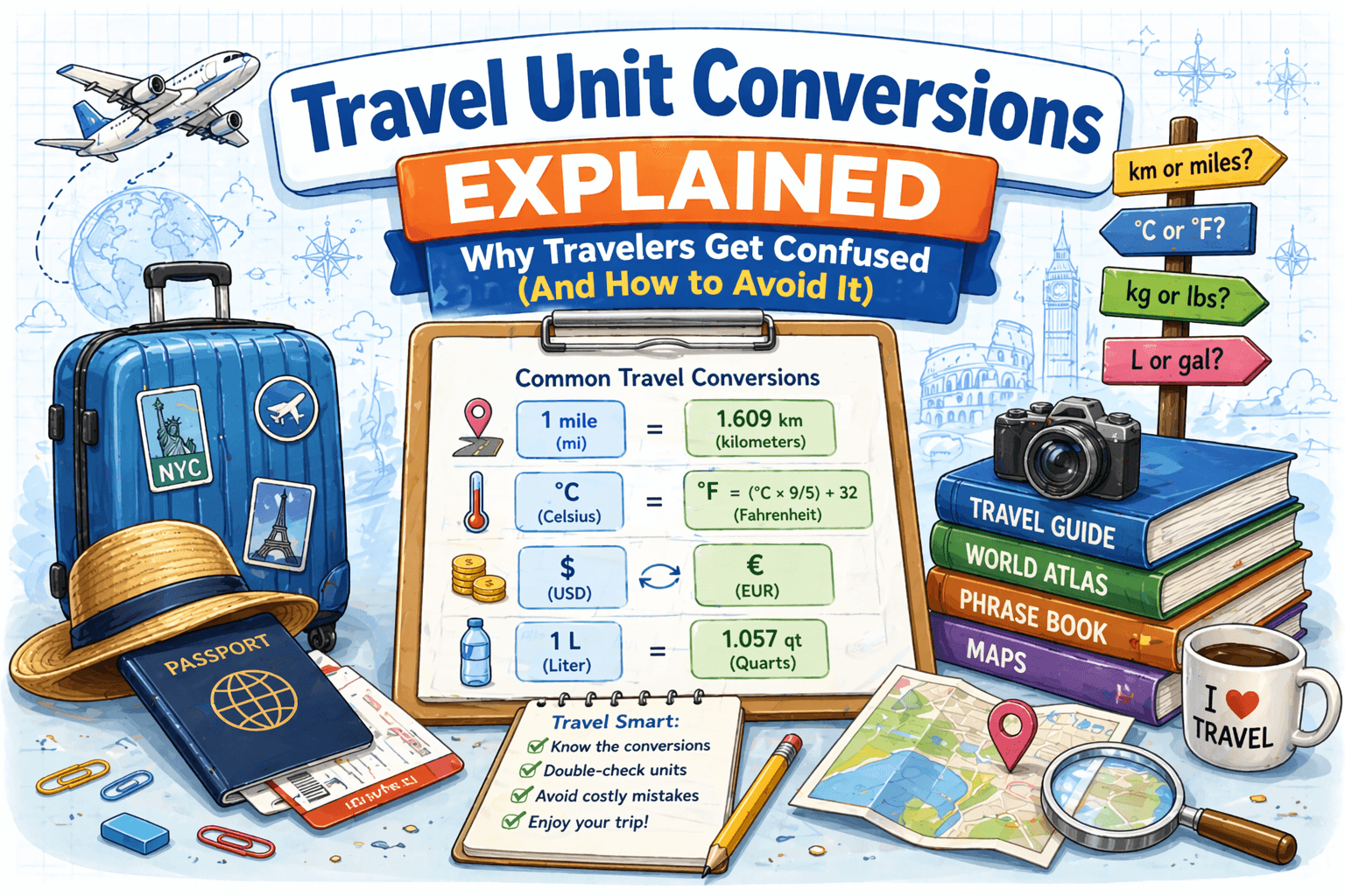 Illustration showing travel unit conversions including miles to kilometers, Celsius to Fahrenheit, currency exchange, and liters to gallons for travelers.
