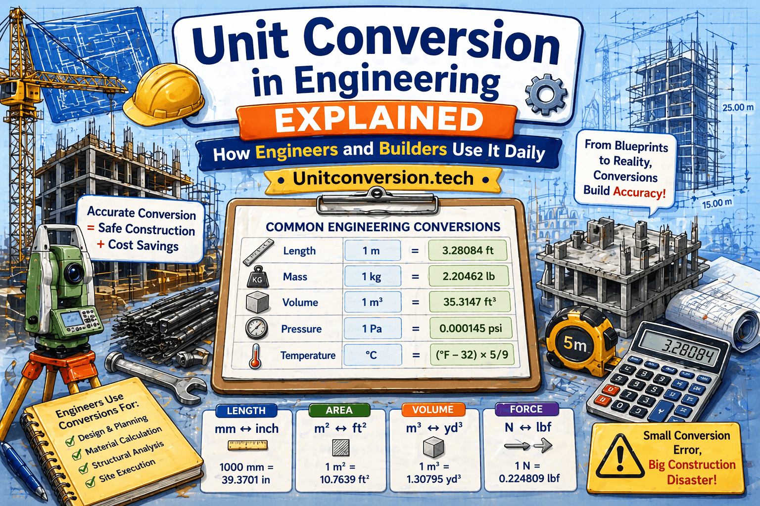 Illustration showing unit conversion in engineering with blueprints, construction tools, and conversions like meters to feet and kilograms to pounds.