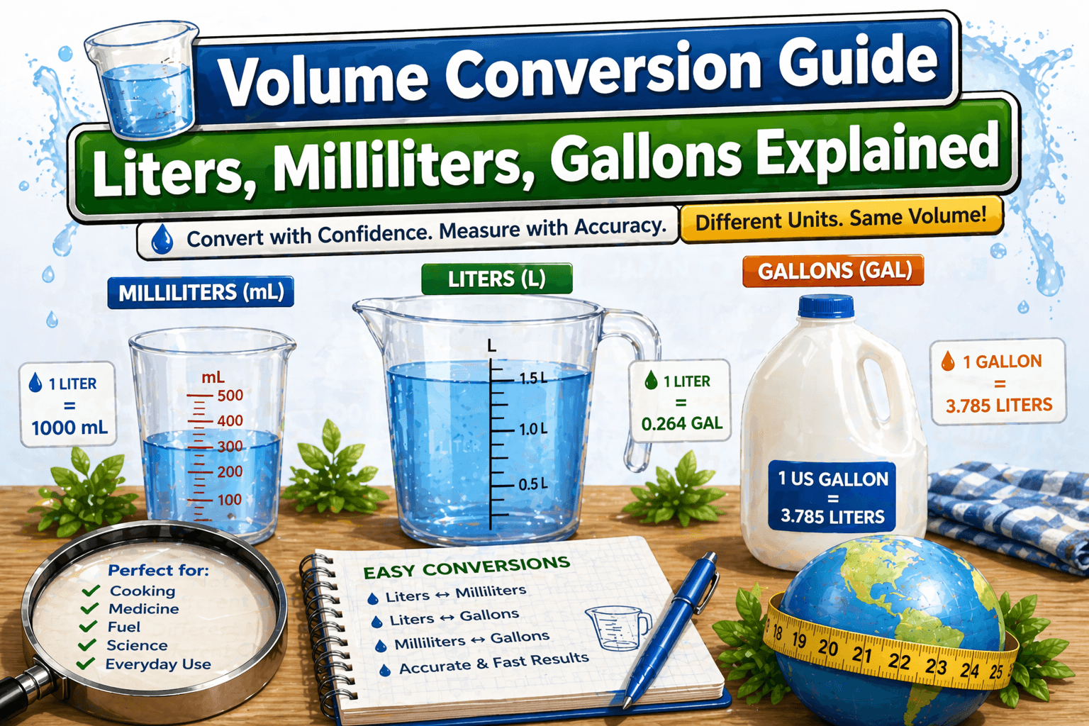 Illustration showing volume conversion between liters, milliliters, and gallons with labeled bottles and containers for everyday measurement comparison