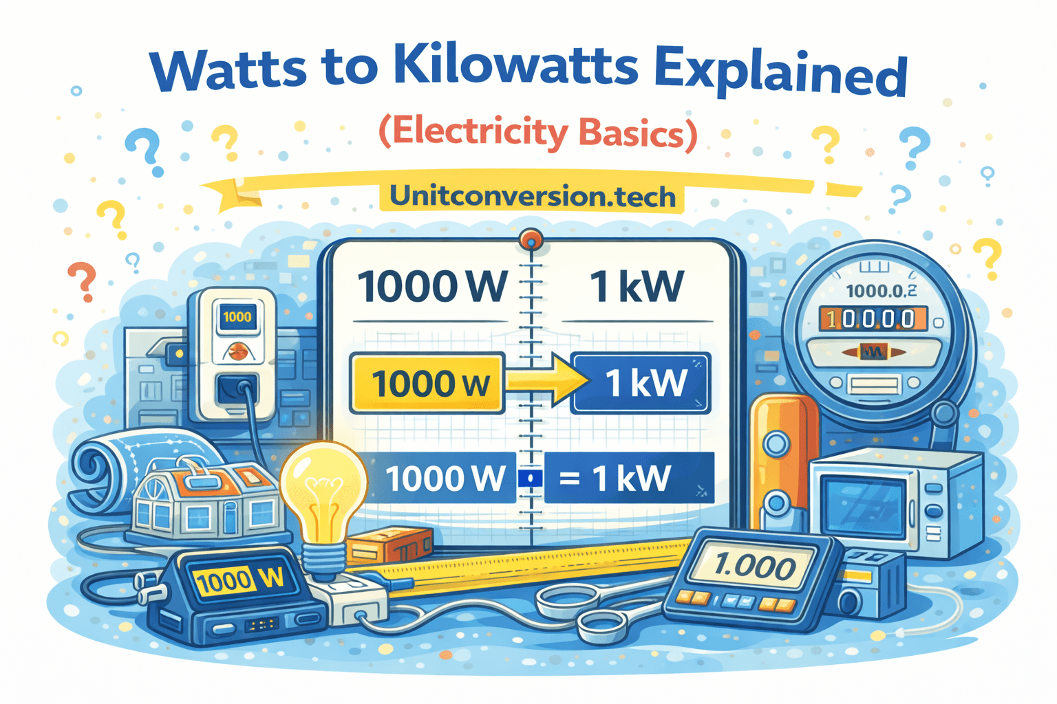 Illustration showing watts to kilowatts conversion with electrical devices, meter, and appliances displaying 1000 watts equals 1 kilowatt