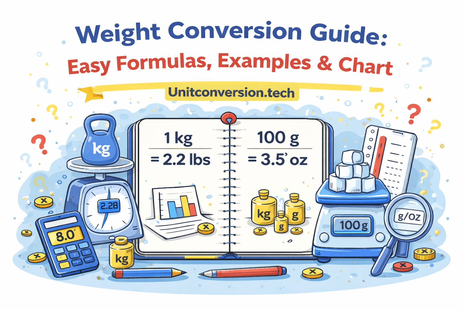 Weight conversion guide showing kg to pounds, grams to ounces, and common formulas with illustrated measurement tools
