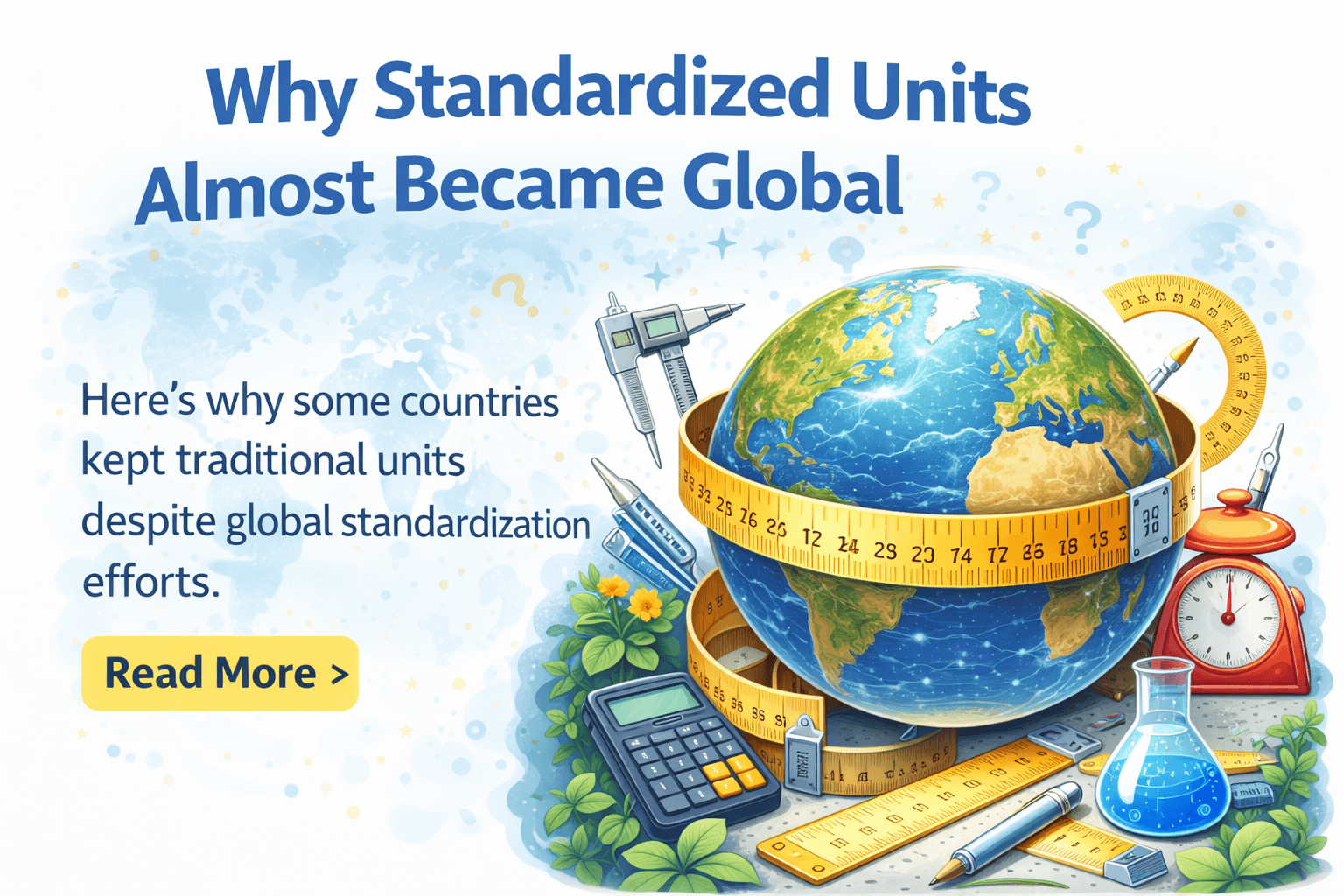 Illustration showing Earth with measurement tools explaining why standardized units were not fully adopted worldwide